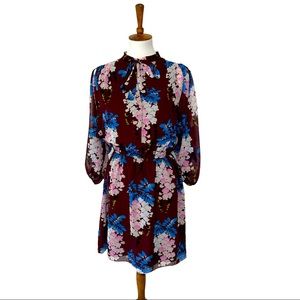 Ann Taylor maroon floral button front elastic waist tie neck detail dress medium